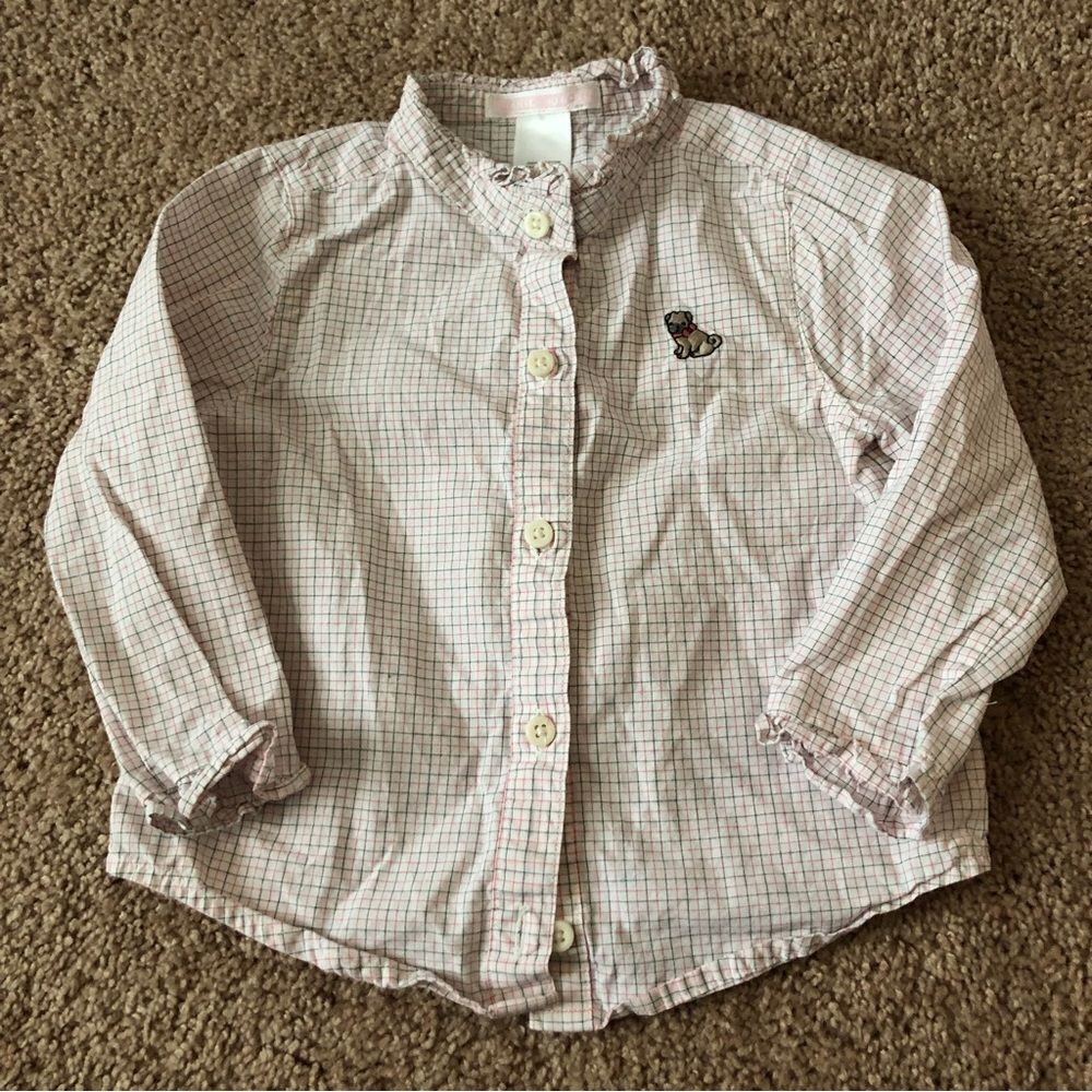 Janie and Jack Grid Plaid Pug Shirt Baby Girl 18-24 Mos Long‎ Sleeve Button Down